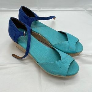 toms sandals 8.5 blue espadrilles wedge ankle strap rope Euc